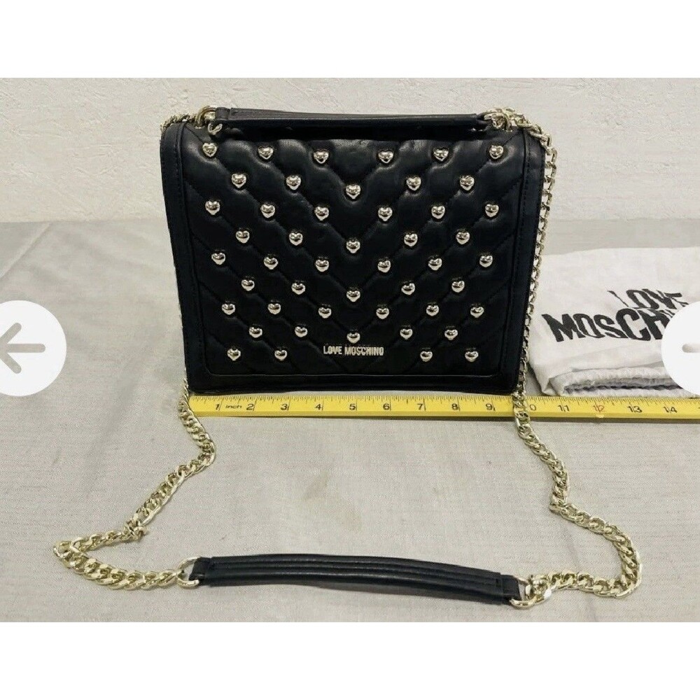 Love Moschino Black Vegan Leather Crossbody Studded Quilted Purse Dust Bag